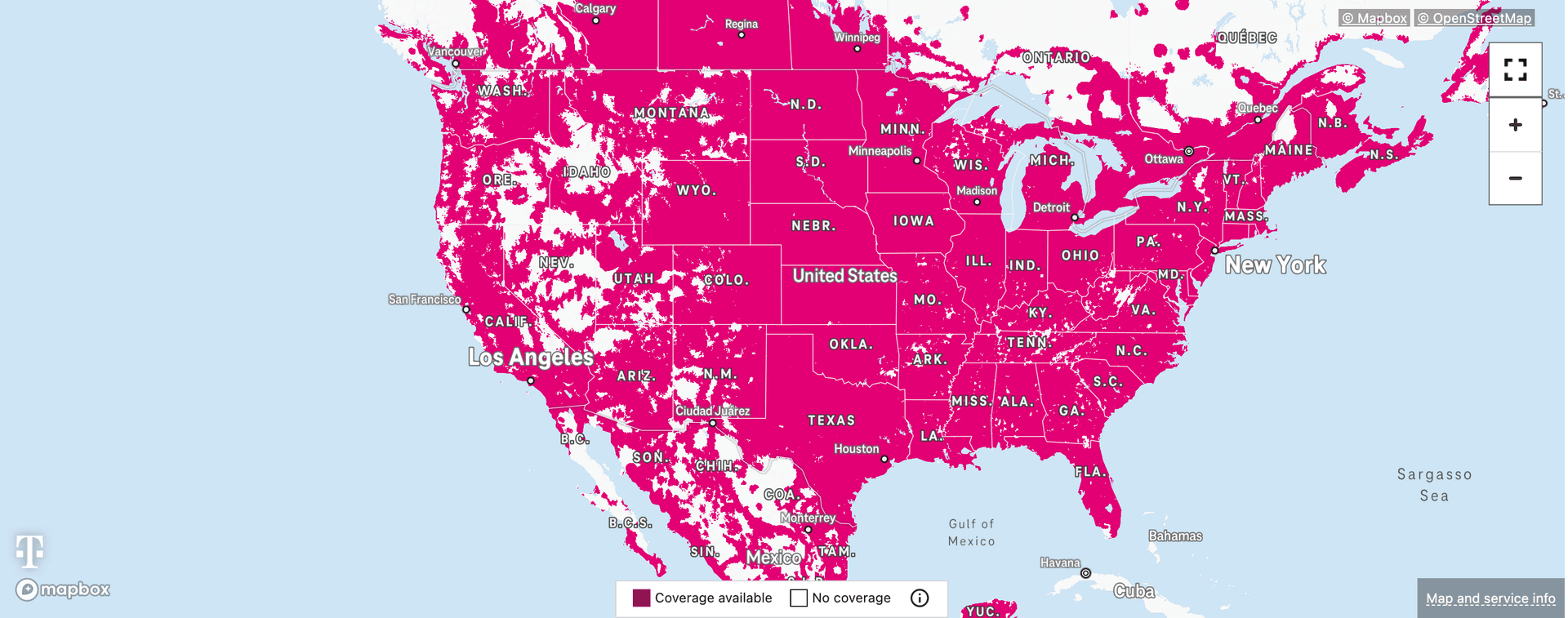 T-Mobile 5G Ultra netwerkdekking in de Verenigde Staten